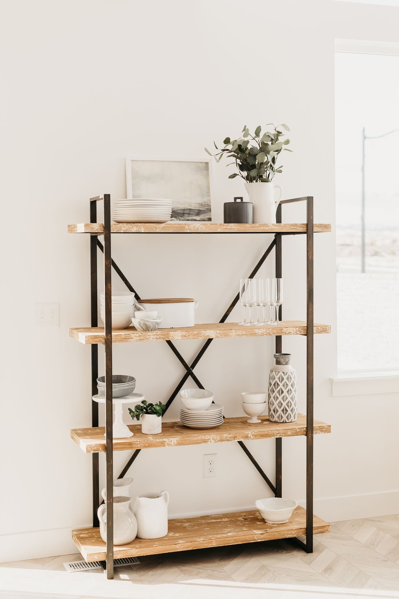 beautiful open, wood shelving system in kitchen