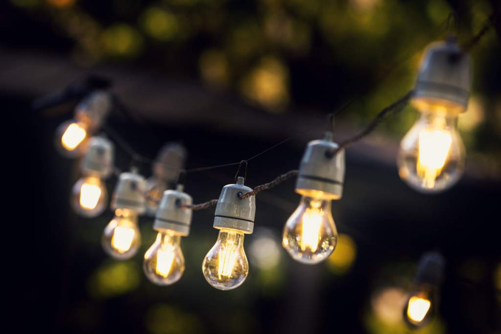 patio lights on a string at night