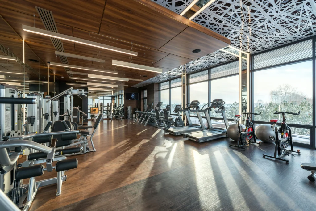 A newly remodeled rec center in Utah with exercise equipment and large windows